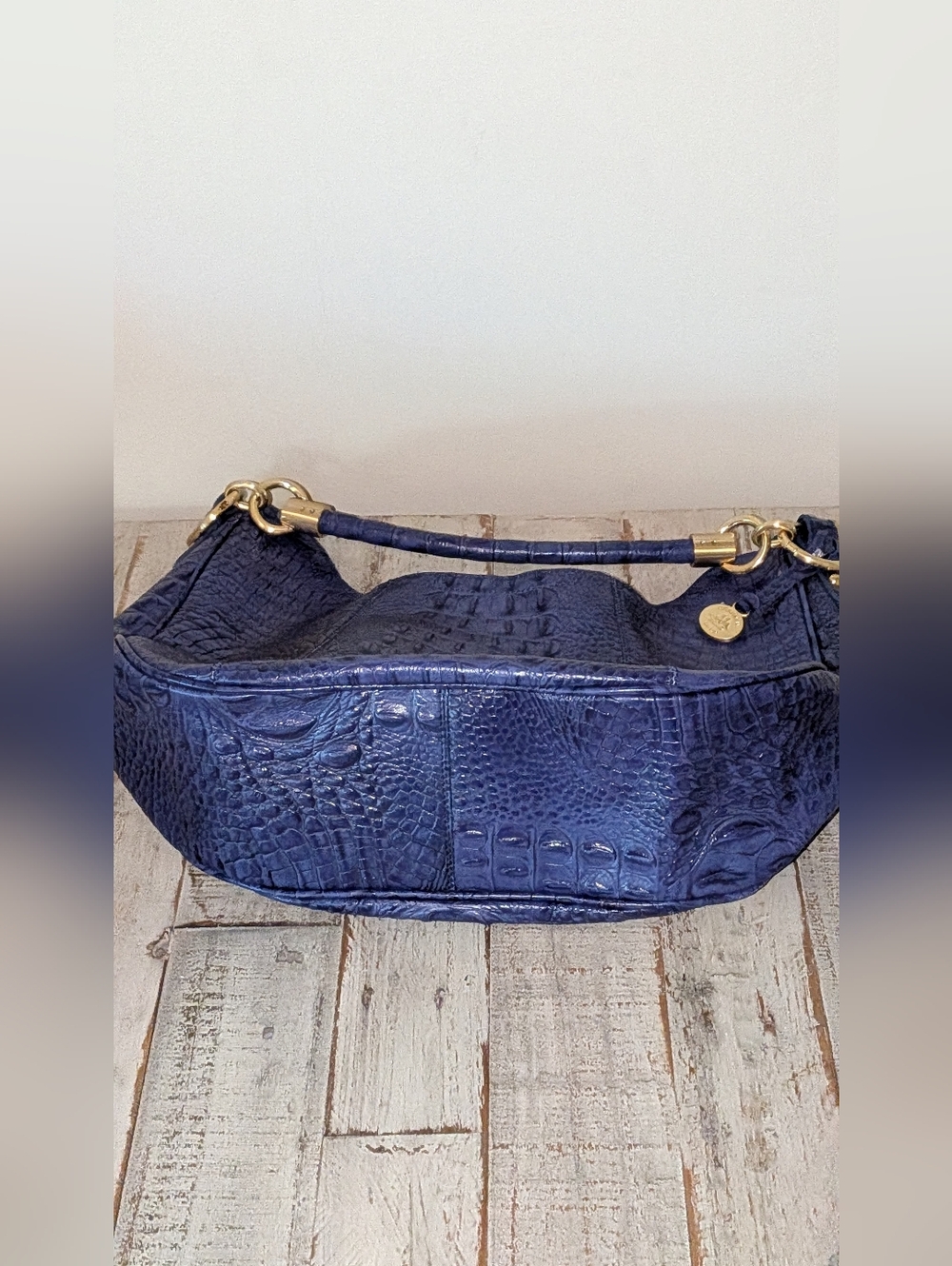 Brahmin Navy Blue Croc-Embossed Shoulder Bag with Gold Hardware - Picture 8 of 9